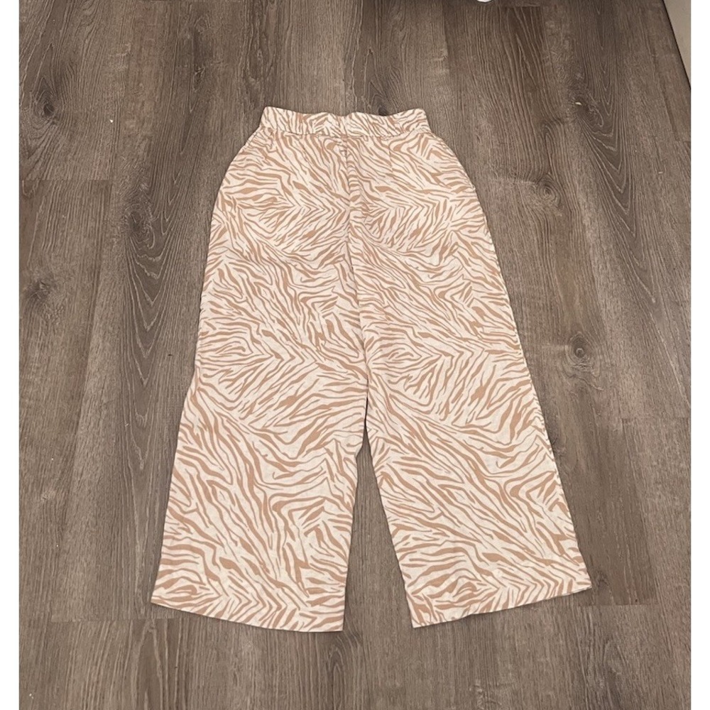Nicole Miller New York 100% Linen Zebra Print Pants Small Boho Animal Wide Leg